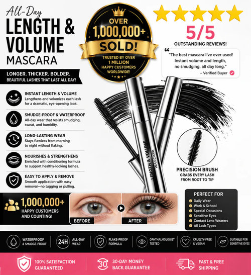 Lengthening & Curling Mascara – 24H Waterproof, Smudge-Proof, No Clumping