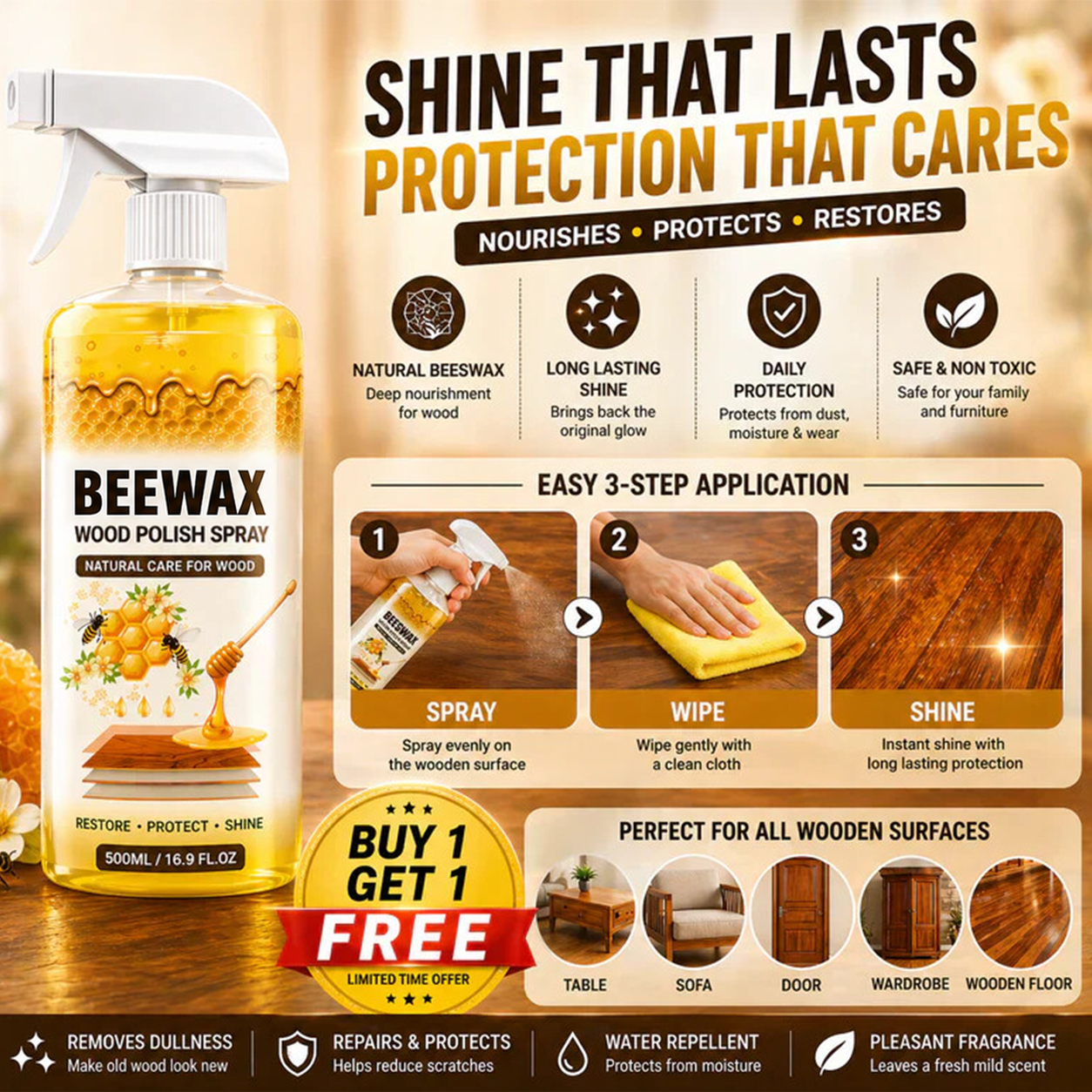 Beewax Wood Polish Spray (Restore Shine Protect Furniture) Pro