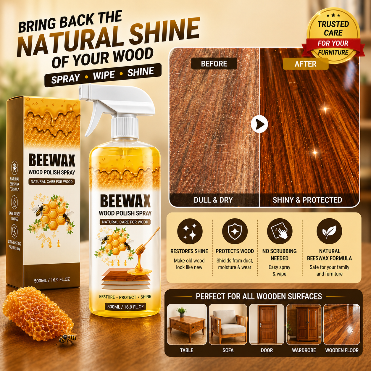 Beewax Wood Polish Spray (Restore Shine Protect Furniture) Pro