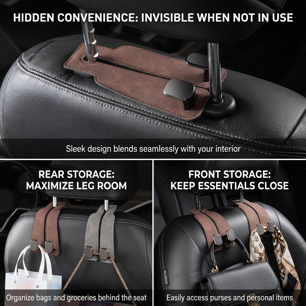 2-in-1 Premium Leather Car Headrest Hanger with Metal Hooks (1 Pair) PRO