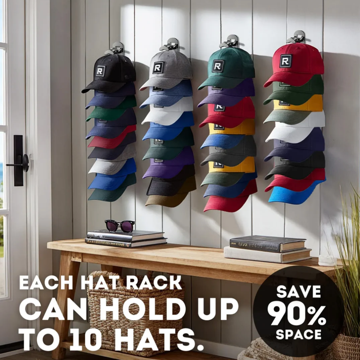 Wall-Mounted Hat Rack for Baseball Caps – Holds 10 Hats