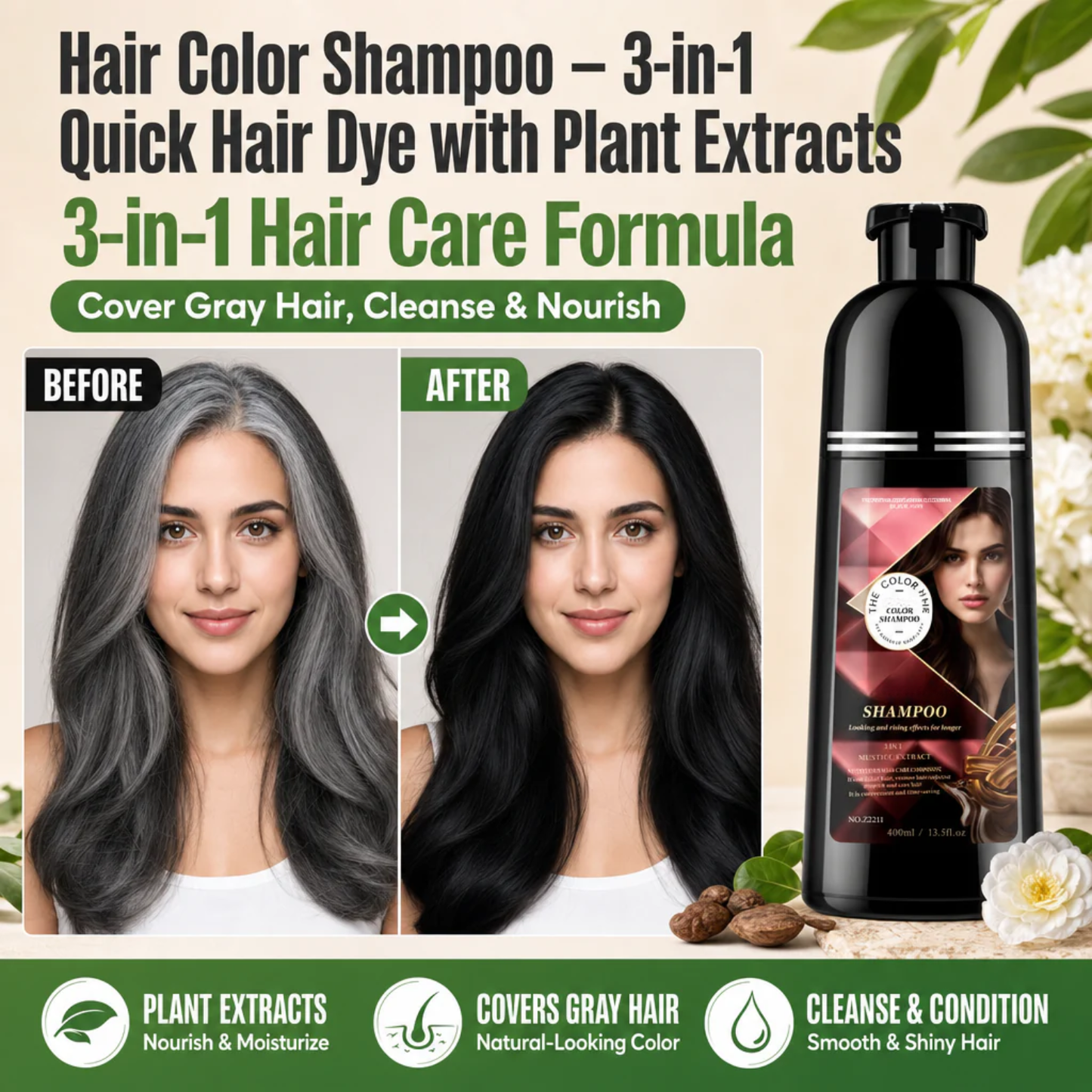 Hair Color Shampoo – 3-in-1 Quick Hair Dye with Plant Extracts