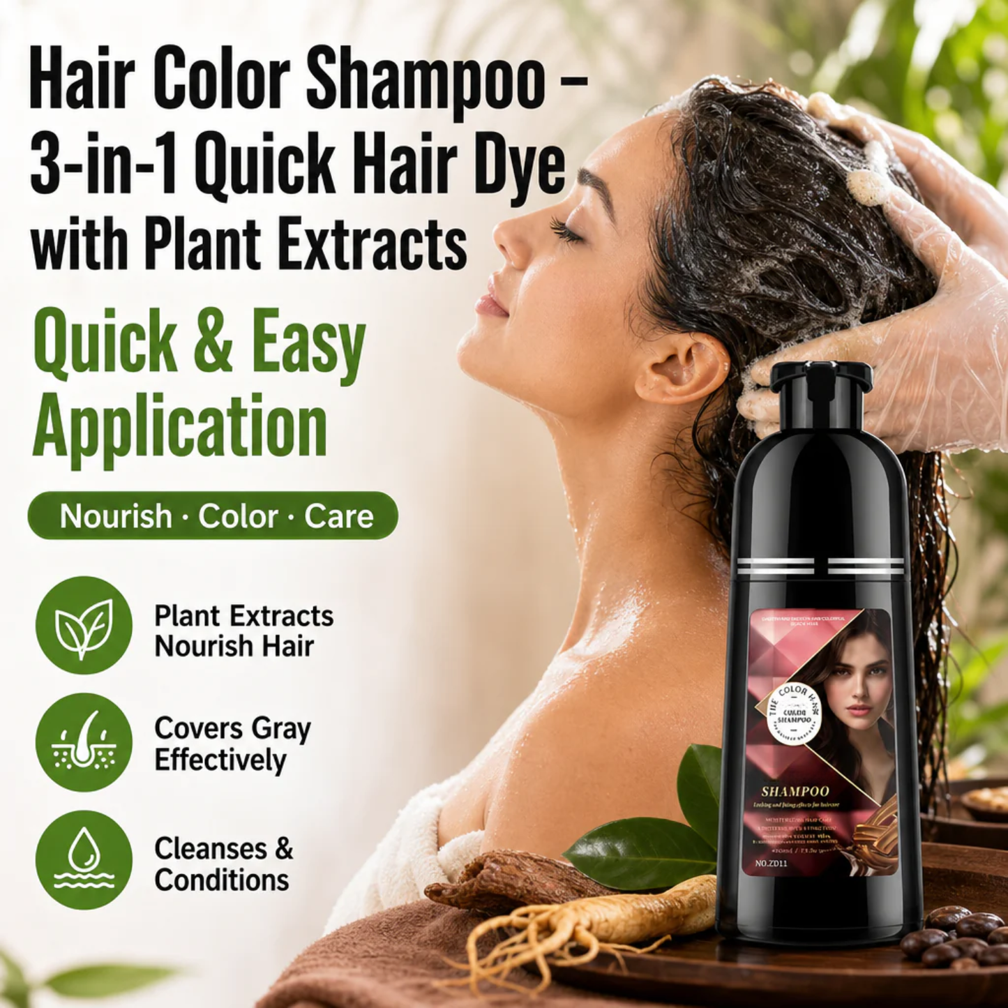 Hair Color Shampoo – 3-in-1 Quick Hair Dye with Plant Extracts