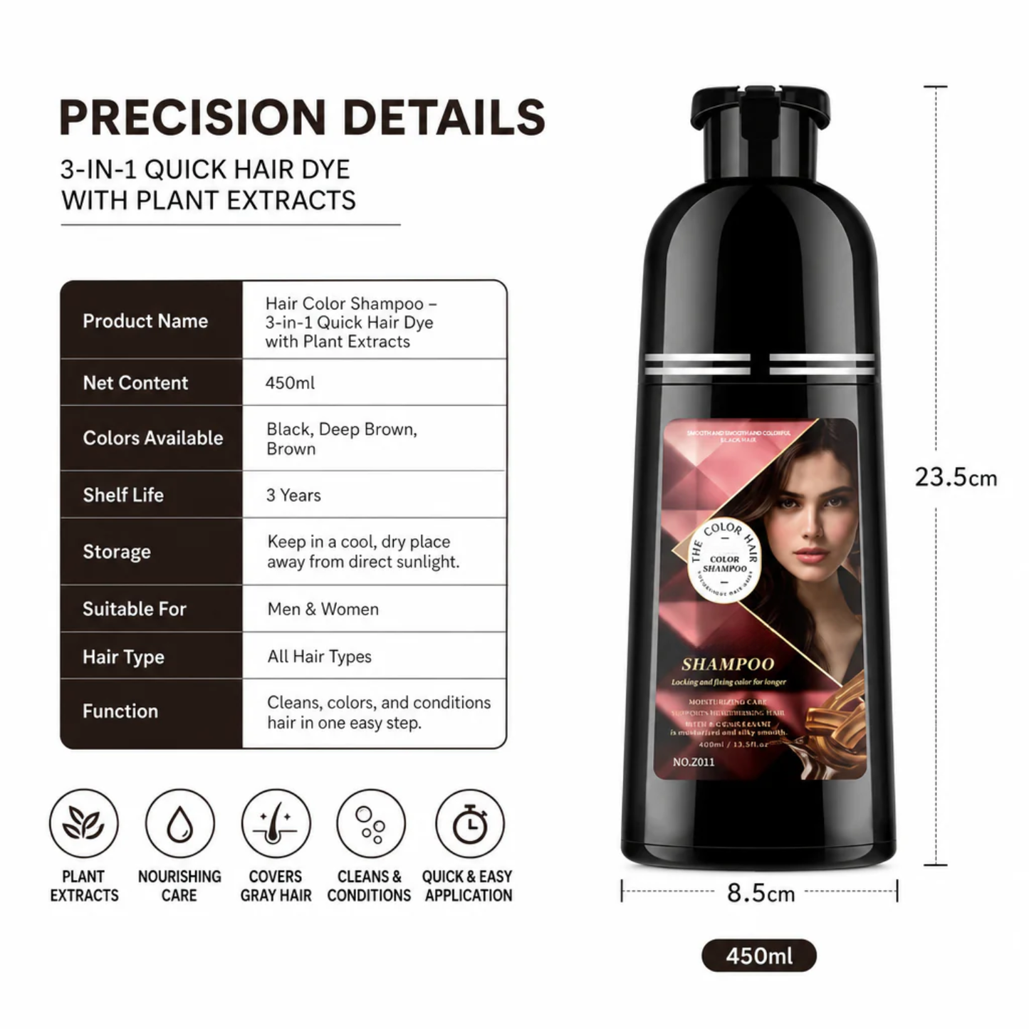 Hair Color Shampoo – 3-in-1 Quick Hair Dye with Plant Extracts