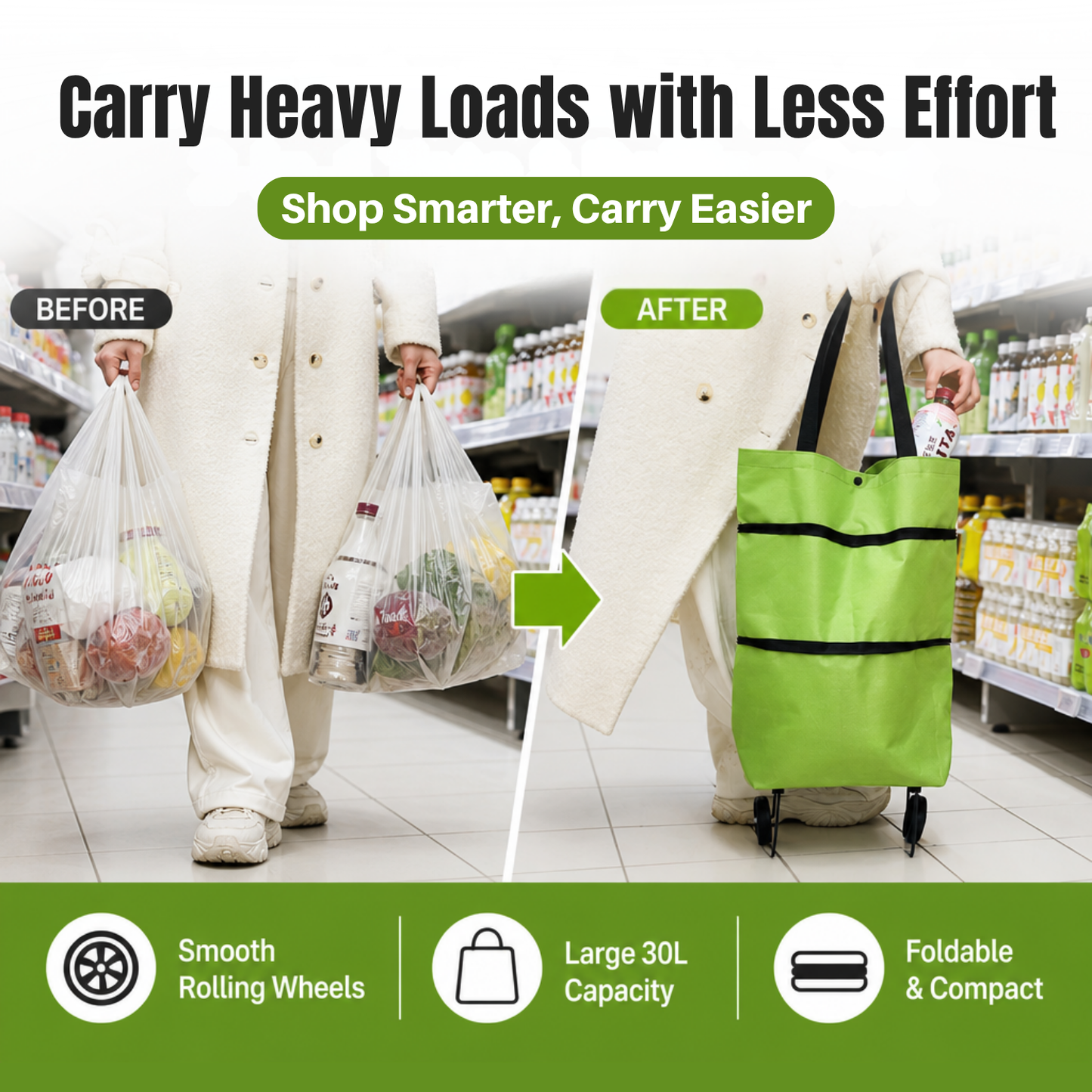 Portable Shopping Cart Foldable Grocery Trolley Lightweight with Wheels Pro