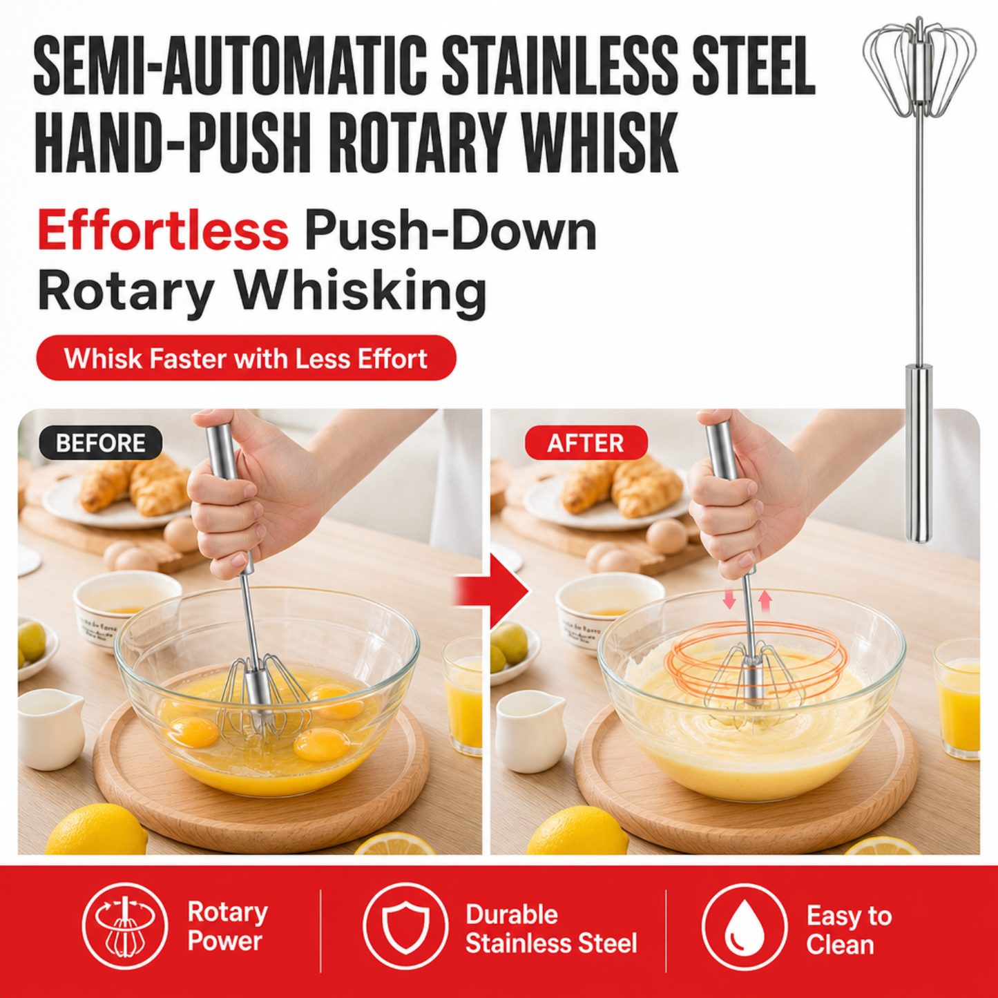 Semi-Automatic Stainless Steel Hand-Push Rotary Whisk