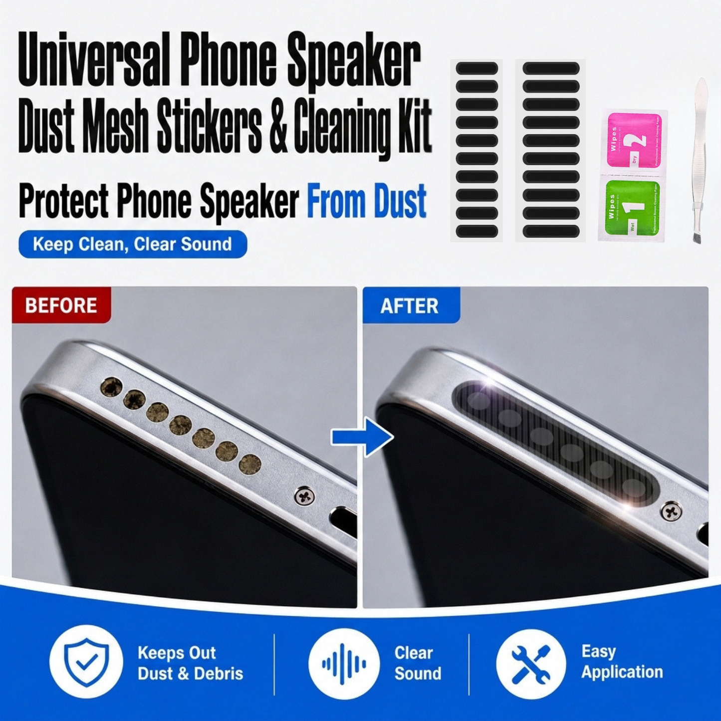 Universal Phone Speaker Dust Mesh Stickers & Cleaning Kit